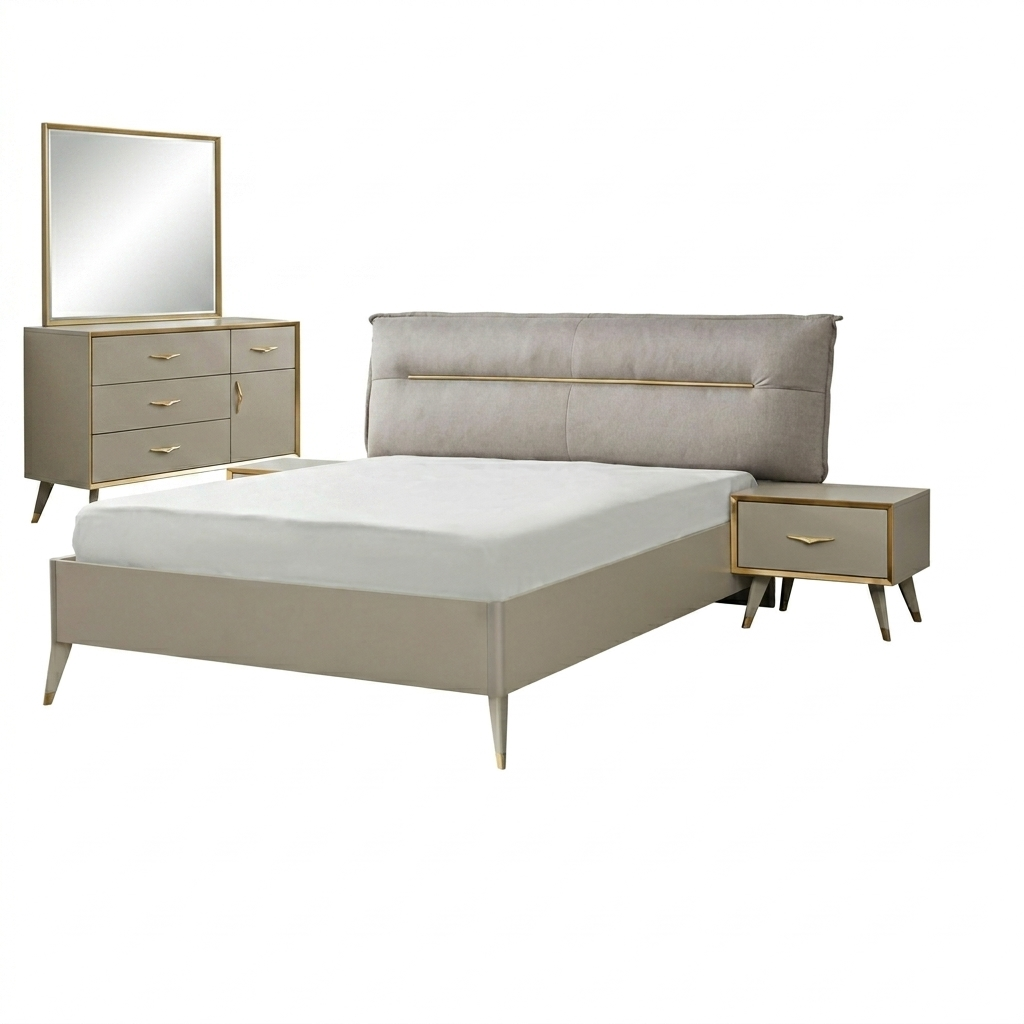CHENTO PACK BED 180*200 +BASE+2NSTAND+DRESSER+MIR BEIGE/GOLD