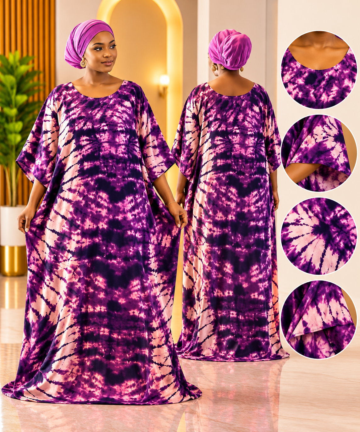 Amethyst Dream Tie-Dye Boubou Gown – Purple & Pink Elegance